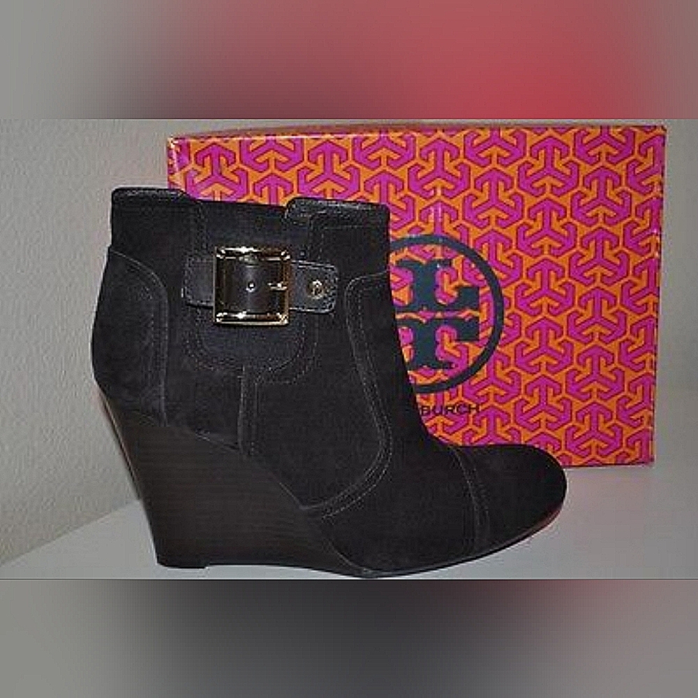 Tory Burch Adrienne Ankle Booties Brown Suede Slip On Wedge Boots Shoes 8.5